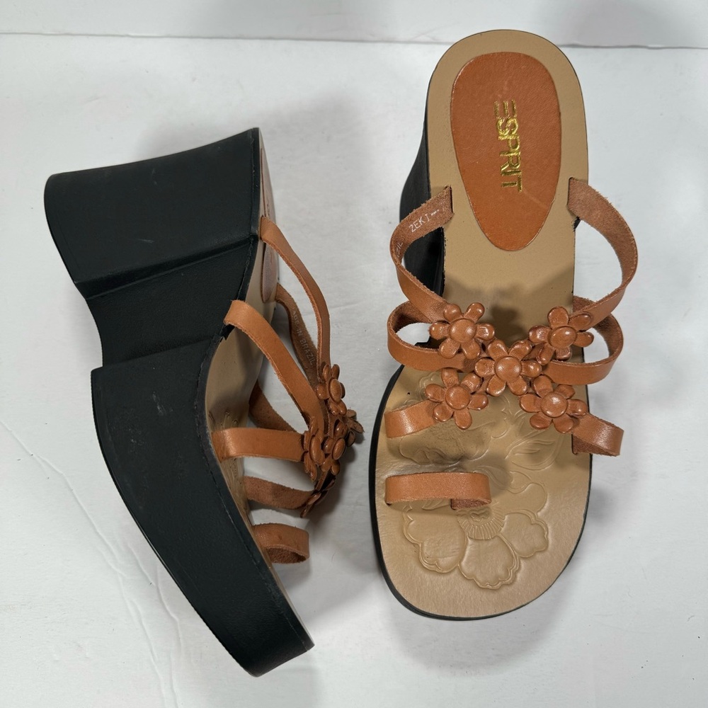 Esprit Y2K Zeki Brown Leather Chunky Flower Platform Sandals Women’s Size 7